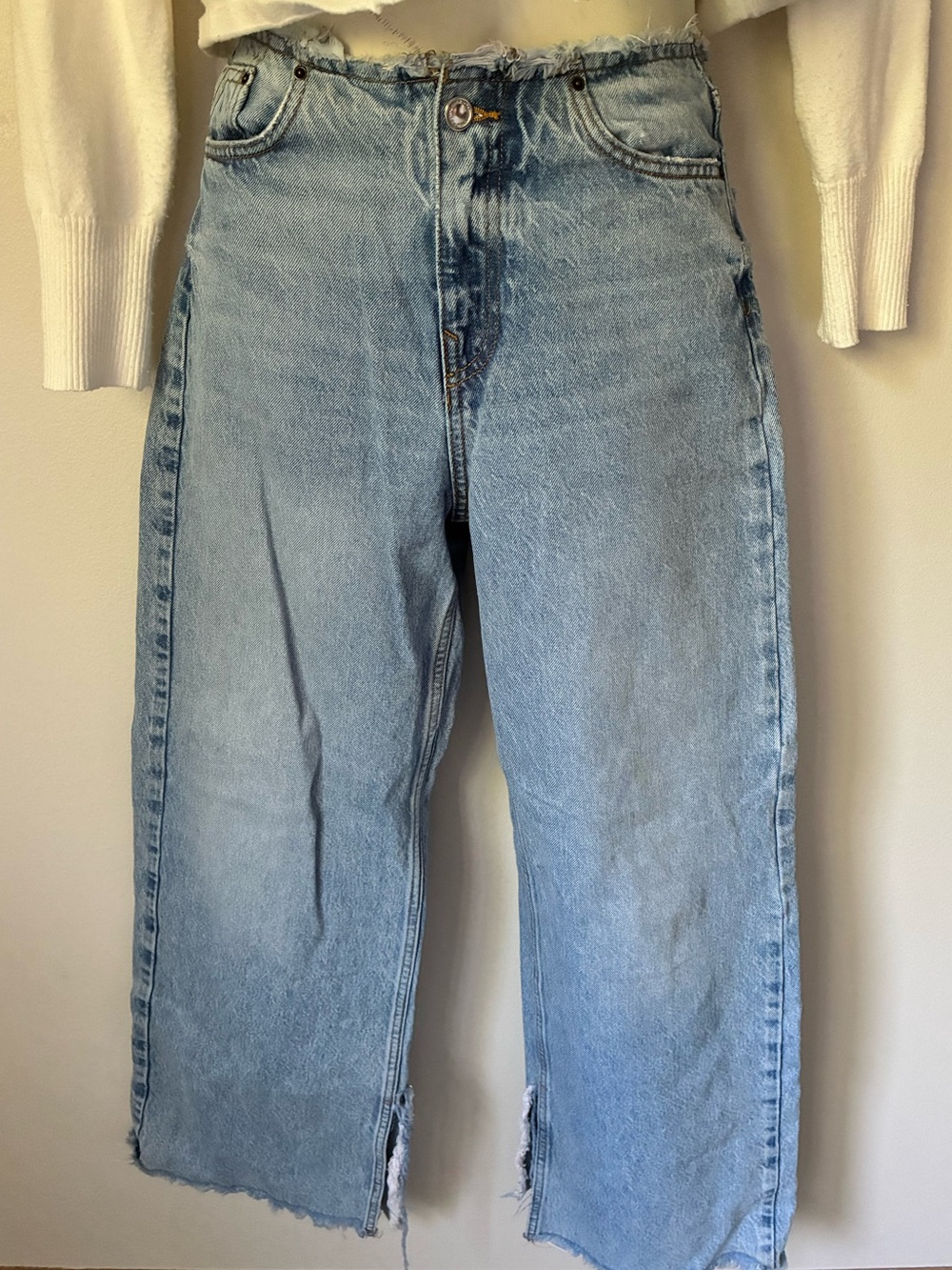 Zara Light Blue Cropped Flare Jeans with Raw Hem